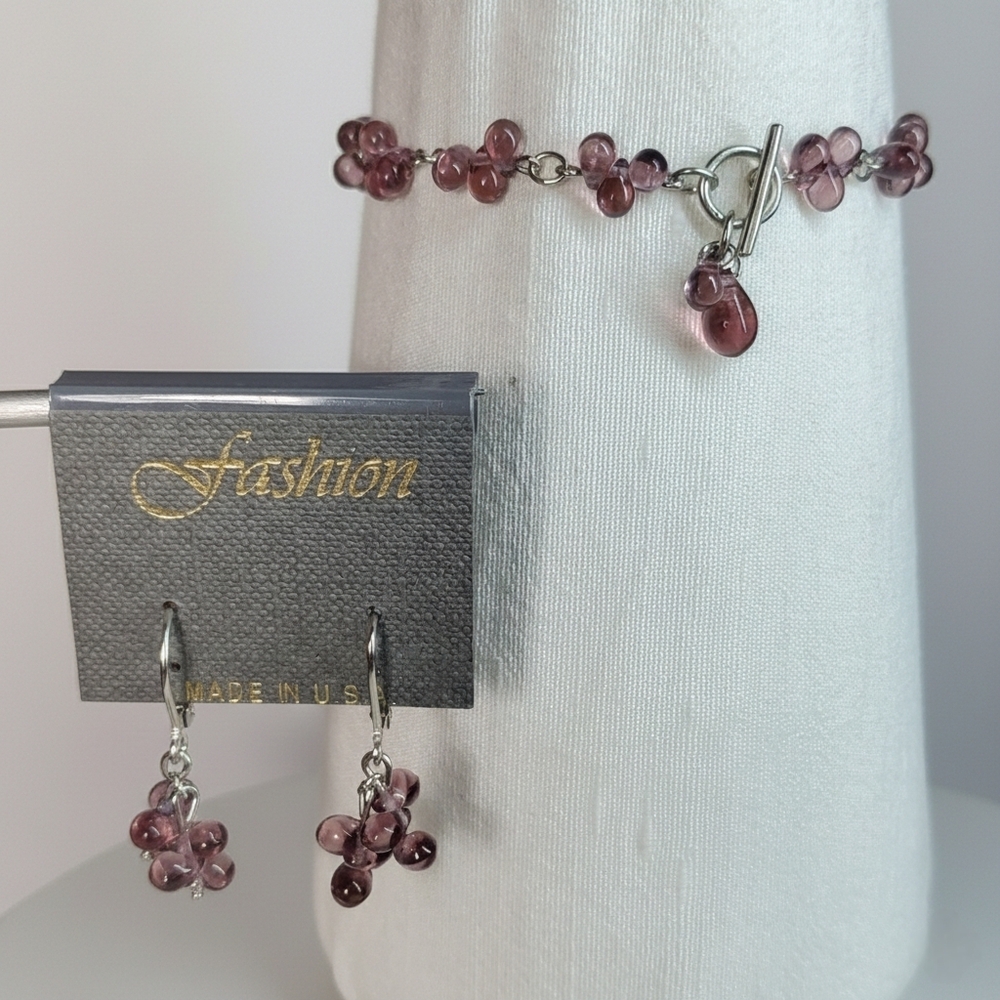 Bracelet & Earrings NEW Rhodium Plated Purple Glass Teardrop Beads Lever Vintage